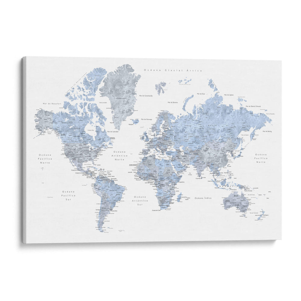 Mapa mundial azul en español - Rosana Laiz Blursbyai | Cuadro decorativo de Canvas Lab
