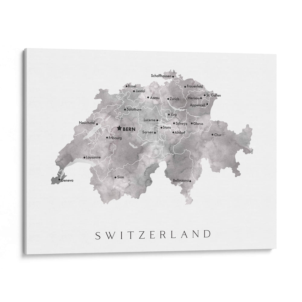 Mapa gris acuarela de Suiza - Switzerland - Rosana Laiz Blursbyai | Cuadro decorativo de Canvas Lab