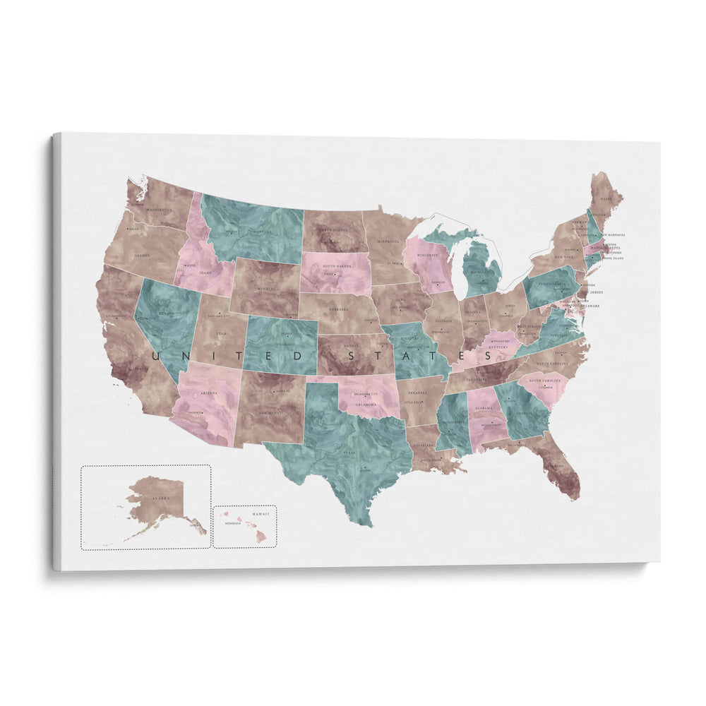 Mapa de acuarela rosa y verde azulado de EUA - Rosana Laiz Blursbyai | Cuadro decorativo de Canvas Lab