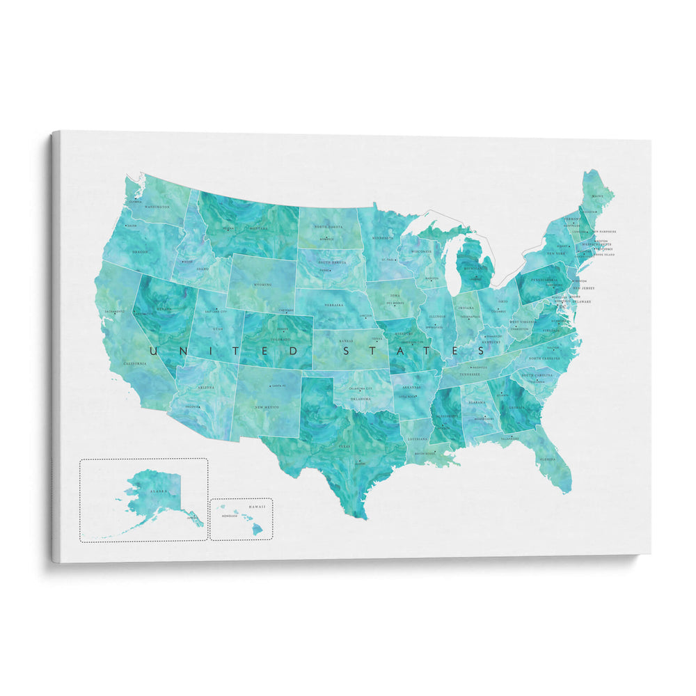 Mapa de Estados Unidos en acuarela color aguamarina - Rosana Laiz Blursbyai | Cuadro decorativo de Canvas Lab