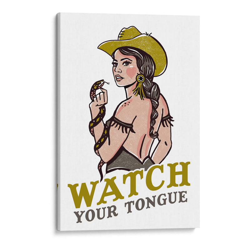 Watch Your Tongue, vaquera pin-up ruda, una serpiente de cascabel - The Whiskey Ginger | Cuadro decorativo de Canvas Lab