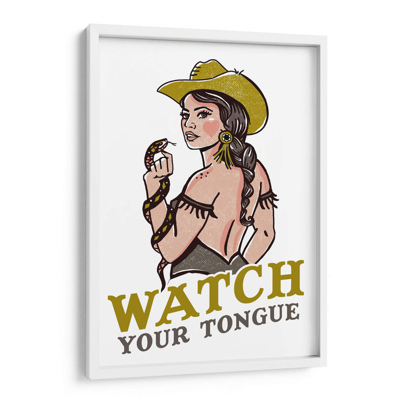 Watch Your Tongue, vaquera pin-up ruda, una serpiente de cascabel - The Whiskey Ginger | Cuadro decorativo de Canvas Lab