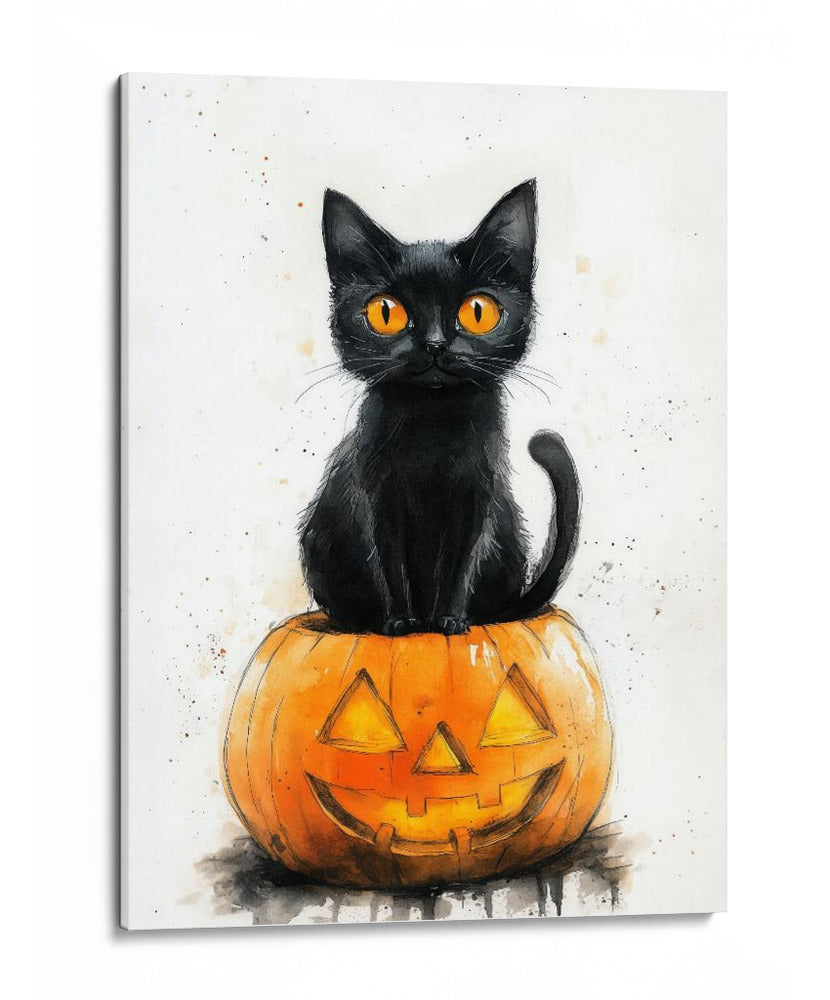 Escena de Halloween con gato negro y calabaza (1) - Justyna Jaszke | Cuadro decorativo de Canvas Lab