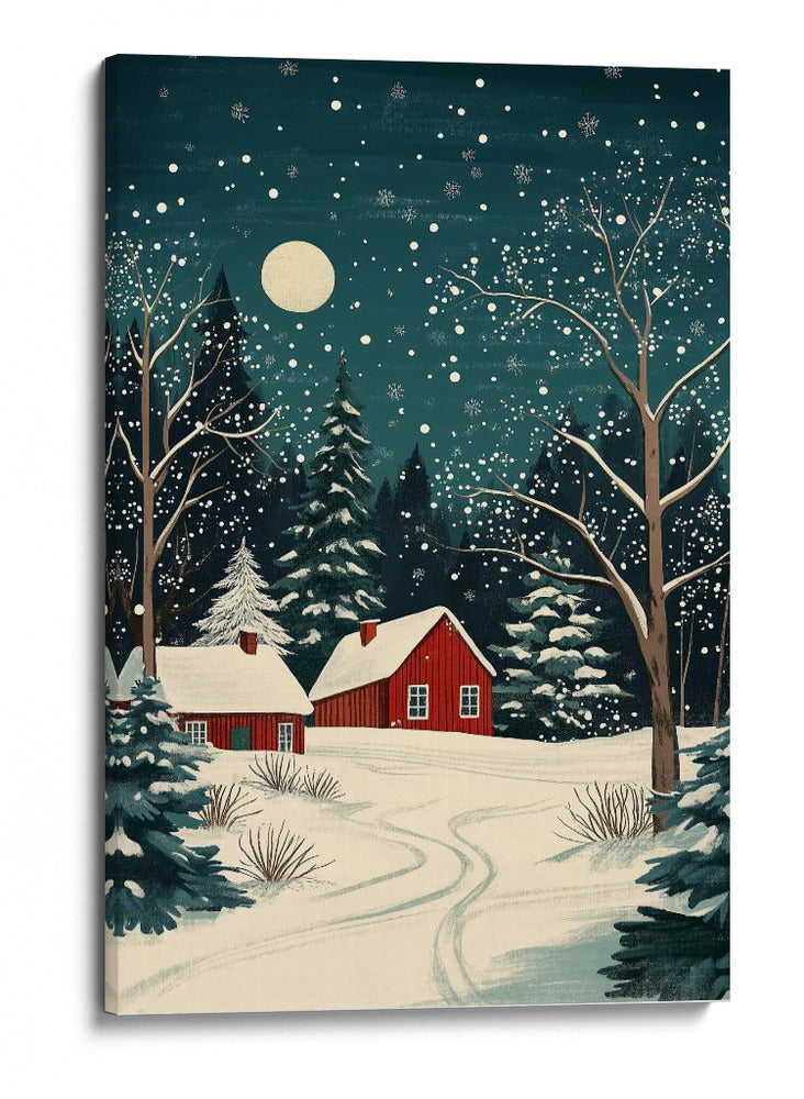 Casas Rojas y Cielo Nocturno Nevado - Fluidys Studio | Cuadro decorativo de Canvas Lab