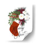 Calcetín floral Feliz Navidad en blanco - Rosana Laiz Blursbyai | Cuadro decorativo de Canvas Lab