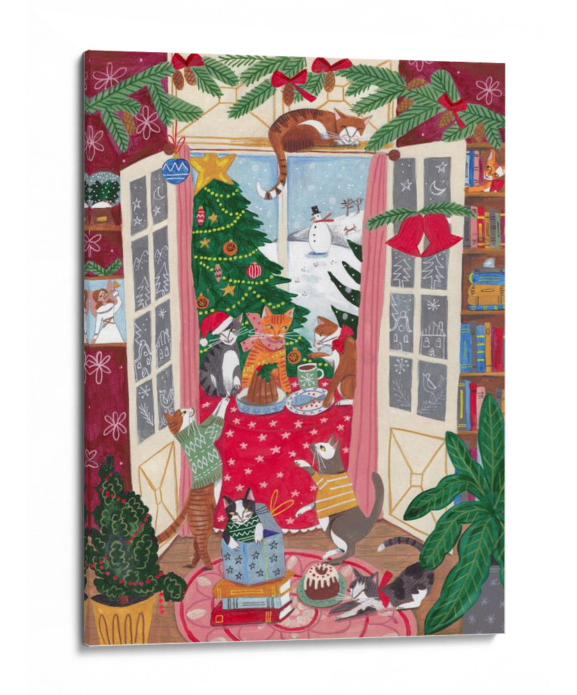 Gatos en la ventana en una Navidad nevada con colores brillantes - Caroline Bonne Muller | Cuadro decorativo de Canvas Lab