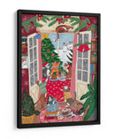 Gatos en la ventana en una Navidad nevada con colores brillantes - Caroline Bonne Muller | Cuadro decorativo de Canvas Lab