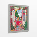 Gatos en la ventana en una Navidad nevada con colores brillantes - Caroline Bonne Muller | Cuadro decorativo de Canvas Lab