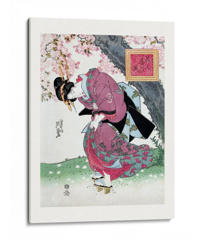 Mujer japonesa y flor de cerezo (1828) grabados vintage de madera con borde - Keisai Eisen | Cuadro decorativo de Canvas Lab