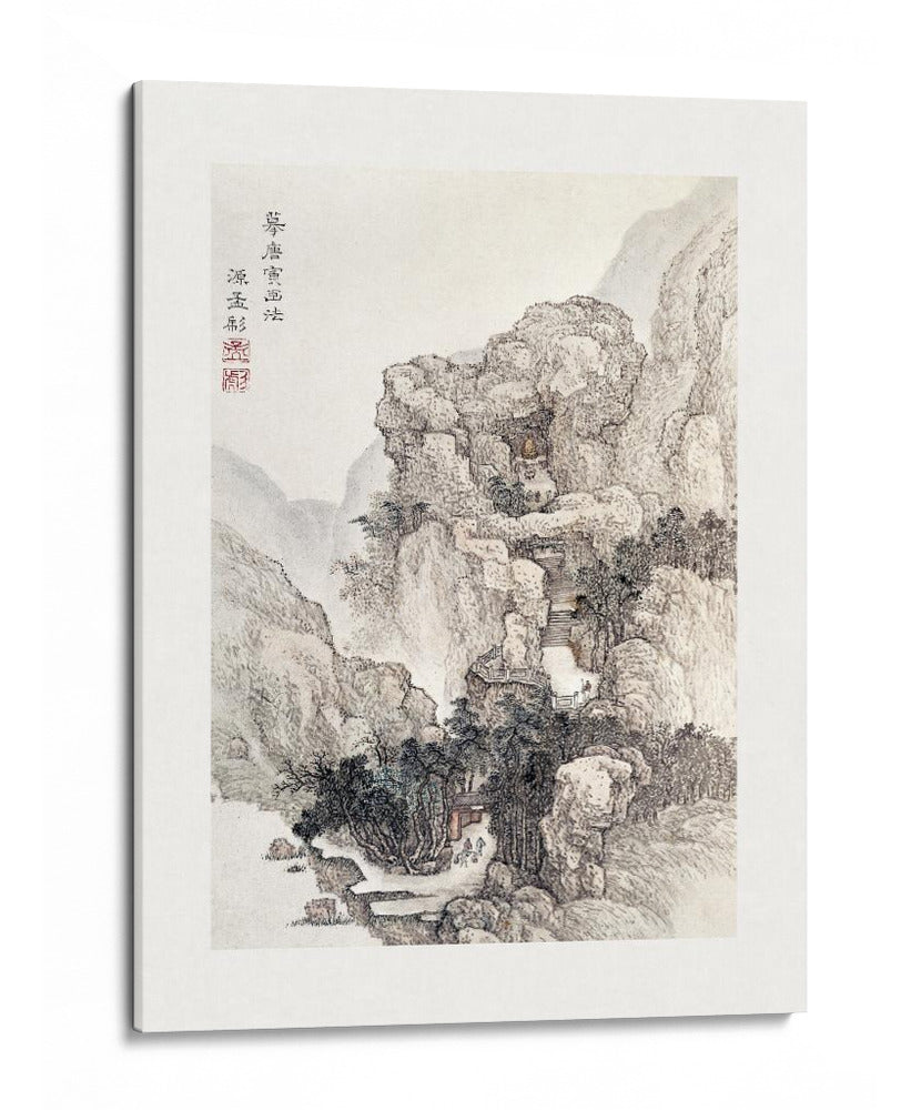 Ilustración vintage de un paisaje rocoso japonés con borde - Ko Fuyo | Cuadro decorativo de Canvas Lab