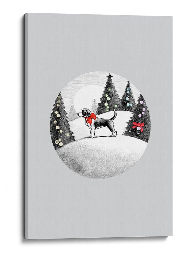 Escenas invernales: Perro festivo en la nieve con lazo rojo en el cuello y árboles de Navidad decorados 1 - casa cartissi | Cuadro decorativo de Canvas Lab
