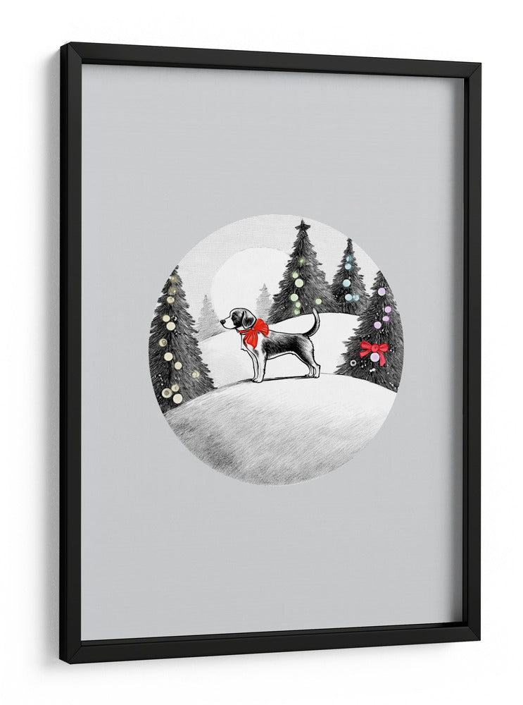 Escenas invernales: Perro festivo en la nieve con lazo rojo en el cuello y árboles de Navidad decorados 1 - casa cartissi | Cuadro decorativo de Canvas Lab