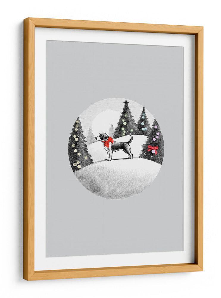 Escenas invernales: Perro festivo en la nieve con lazo rojo en el cuello y árboles de Navidad decorados 1 - casa cartissi | Cuadro decorativo de Canvas Lab