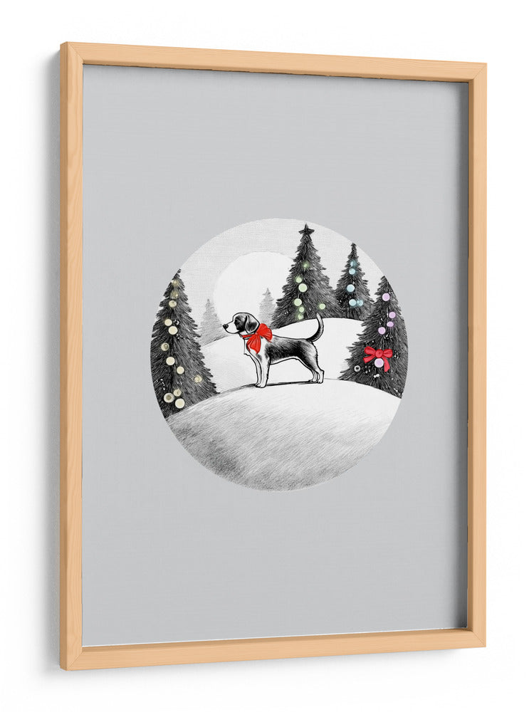Escenas invernales: Perro festivo en la nieve con lazo rojo en el cuello y árboles de Navidad decorados 1 - casa cartissi | Cuadro decorativo de Canvas Lab