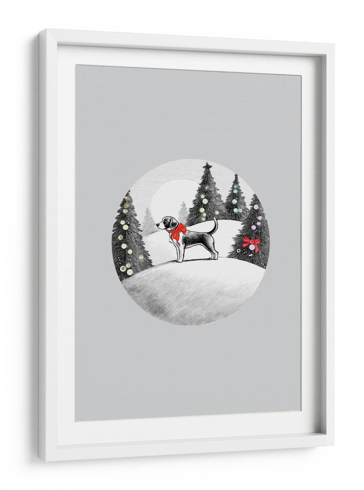 Escenas invernales: Perro festivo en la nieve con lazo rojo en el cuello y árboles de Navidad decorados 1 - casa cartissi | Cuadro decorativo de Canvas Lab