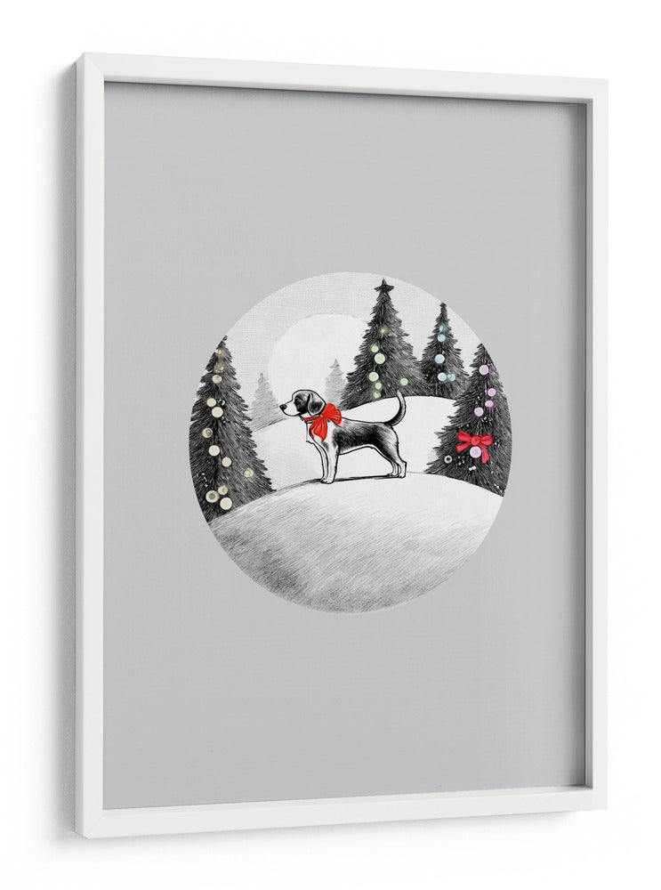 Escenas invernales: Perro festivo en la nieve con lazo rojo en el cuello y árboles de Navidad decorados 1 - casa cartissi | Cuadro decorativo de Canvas Lab