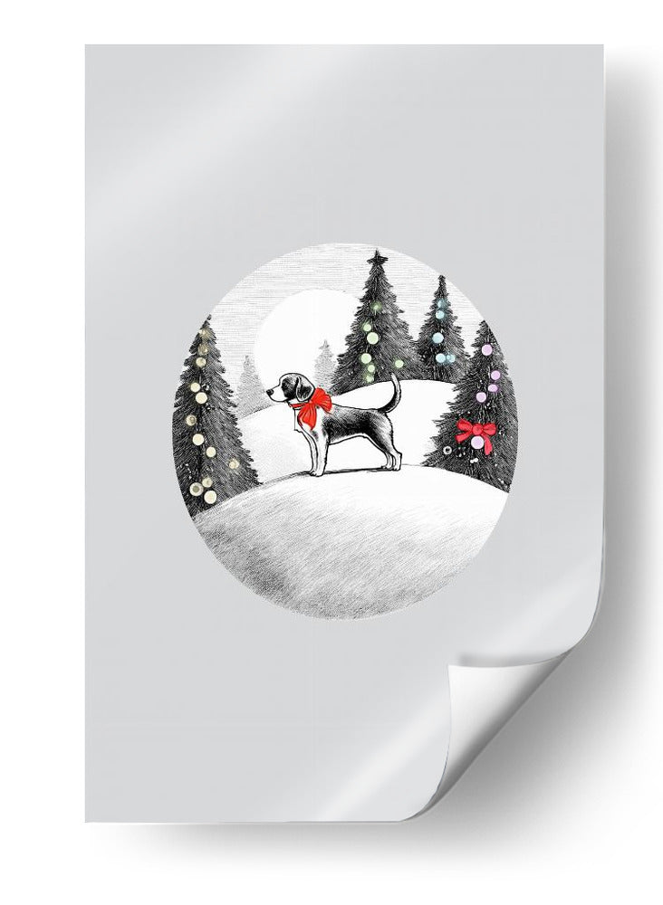 Escenas invernales: Perro festivo en la nieve con lazo rojo en el cuello y árboles de Navidad decorados 1 - casa cartissi | Cuadro decorativo de Canvas Lab