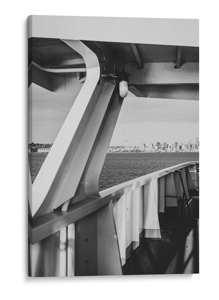 Ferry con Vista al Skyline de Seattle - Blanco y Negro - Wandering Pixels Co. | Cuadro decorativo de Canvas Lab