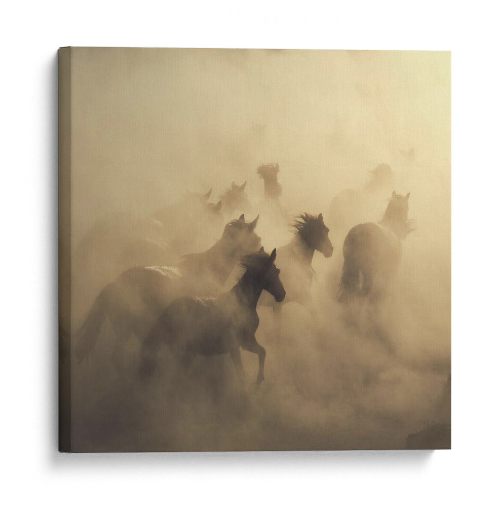 Caballos salvajes al galope entre el polvo - Huseyin Taşkın | Cuadro decorativo de Canvas Lab
