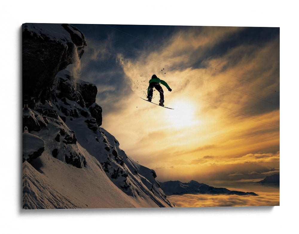 Salto al atardecer de un snowboarder - Jakob Sanne | Cuadro decorativo de Canvas Lab