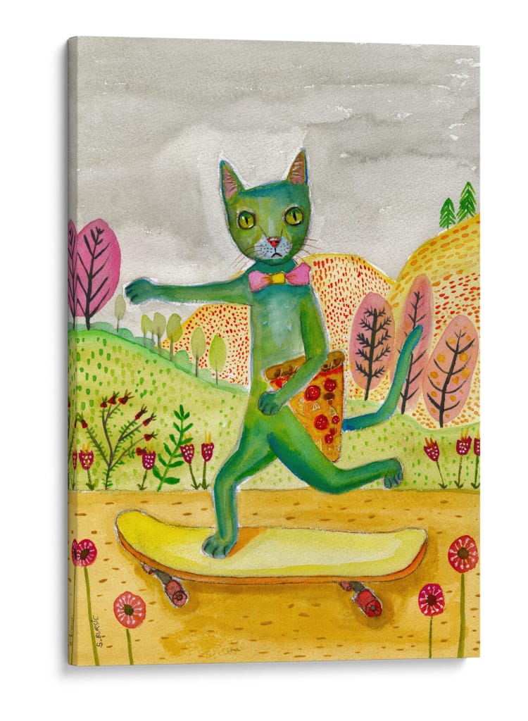 Pizza de patineta de gato verde - Sharyn Bursic | Cuadro decorativo de Canvas Lab