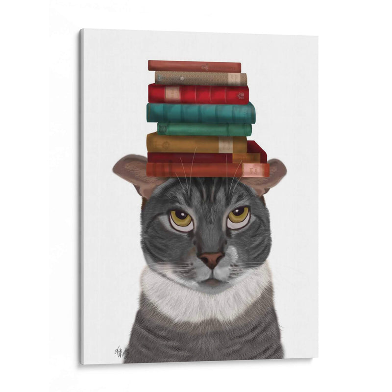 Gato Gris Con Libros En La Cabeza - Fab Funky | Cuadro decorativo de Canvas Lab