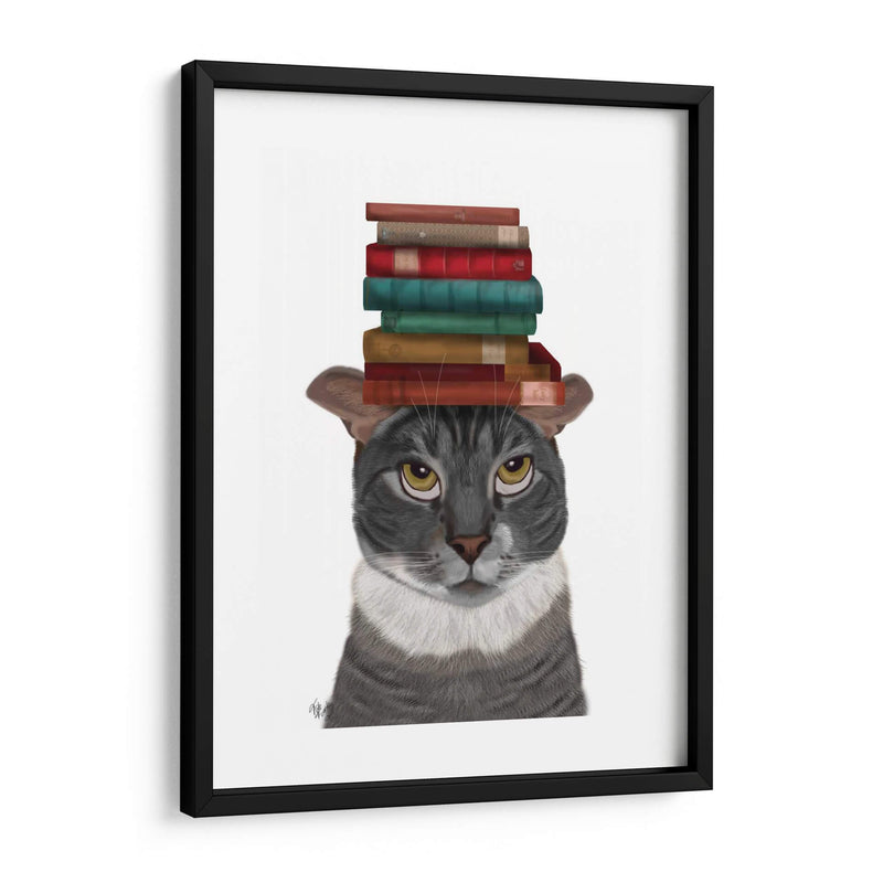 Gato Gris Con Libros En La Cabeza - Fab Funky | Cuadro decorativo de Canvas Lab