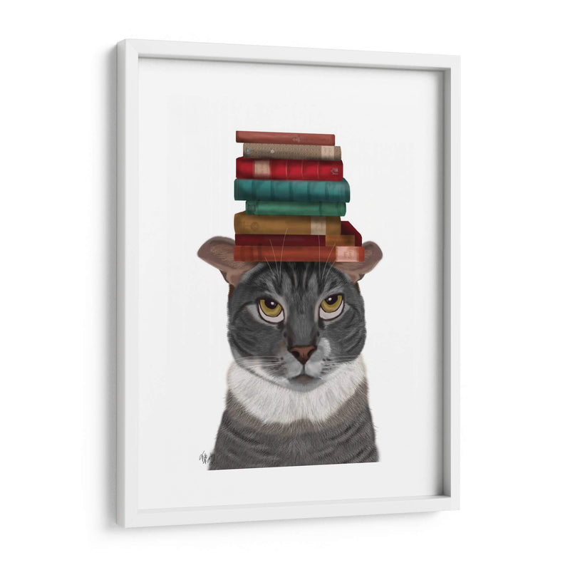 Gato Gris Con Libros En La Cabeza - Fab Funky | Cuadro decorativo de Canvas Lab