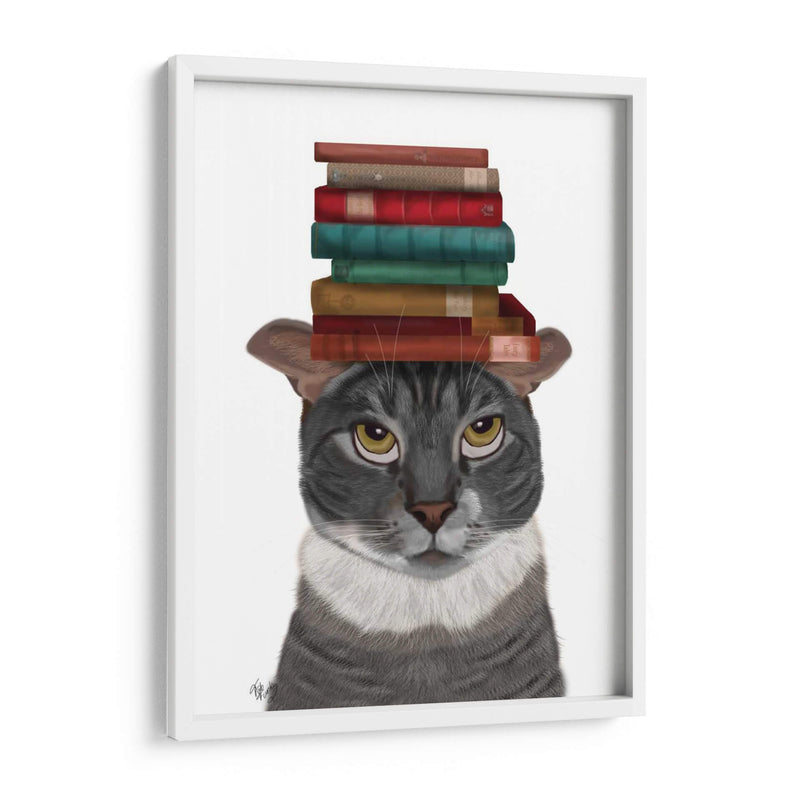 Gato Gris Con Libros En La Cabeza - Fab Funky | Cuadro decorativo de Canvas Lab