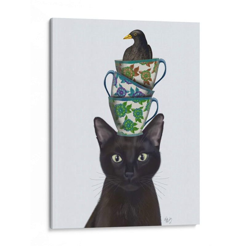 Gato Negro Con Tazas De Té Y Mirlo - Fab Funky | Cuadro decorativo de Canvas Lab