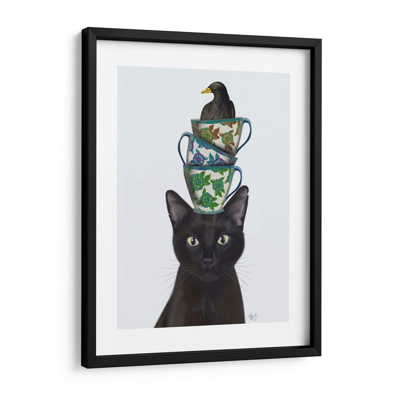 Gato Negro Con Tazas De Té Y Mirlo - Fab Funky | Cuadro decorativo de Canvas Lab