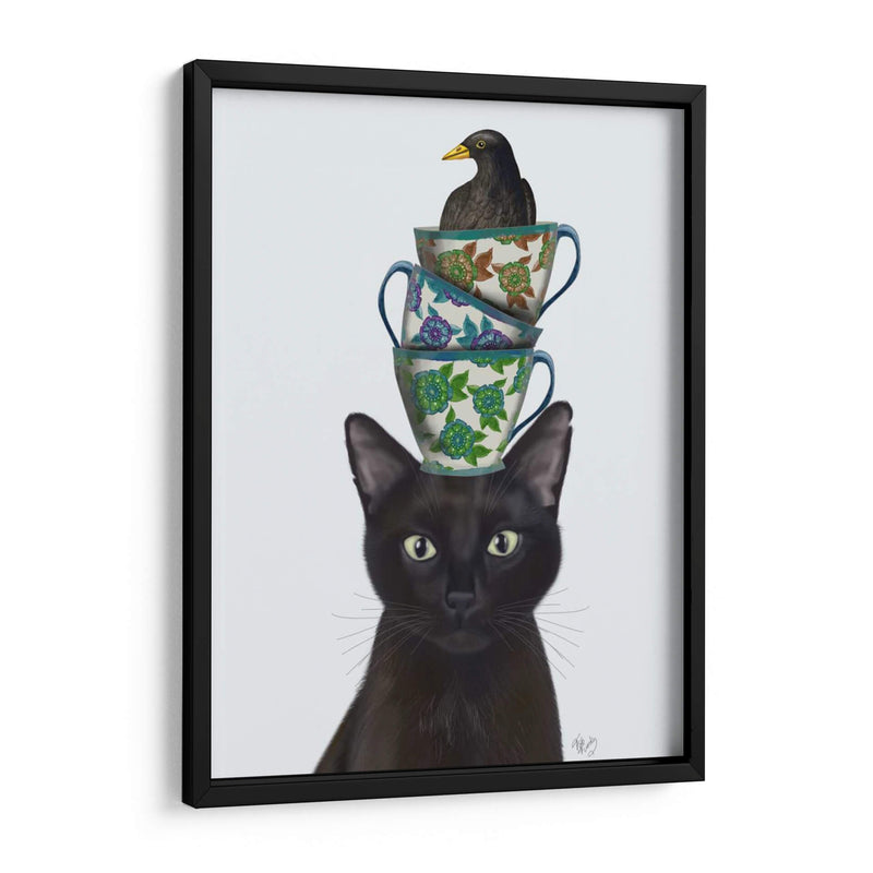 Gato Negro Con Tazas De Té Y Mirlo - Fab Funky | Cuadro decorativo de Canvas Lab