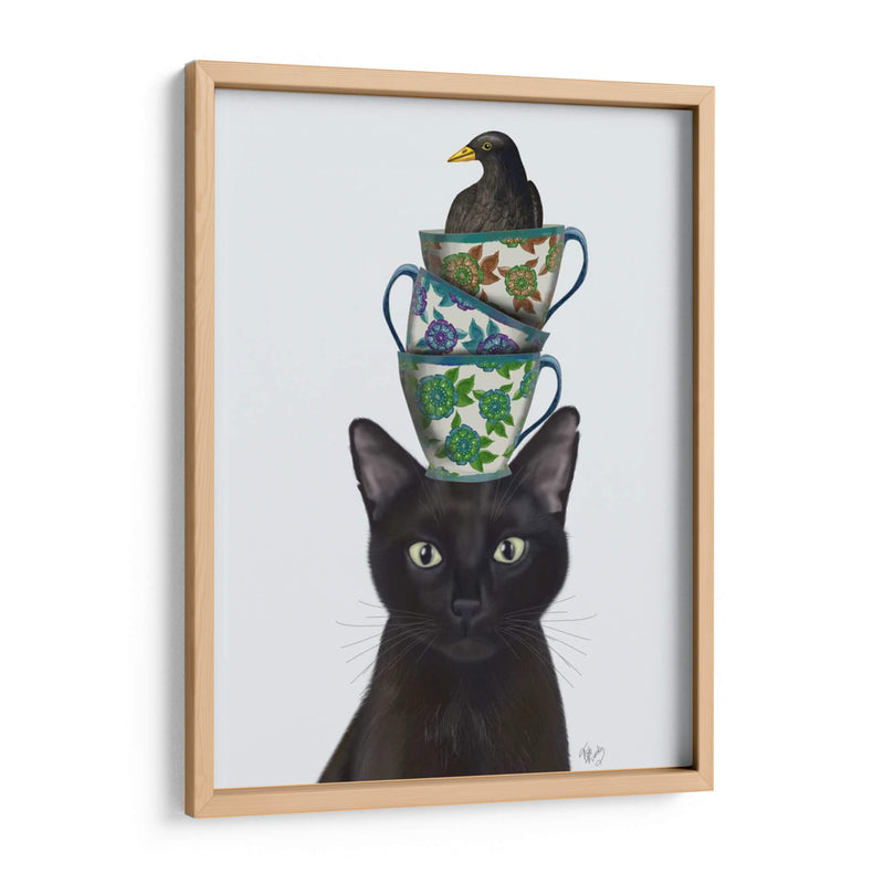 Gato Negro Con Tazas De Té Y Mirlo - Fab Funky | Cuadro decorativo de Canvas Lab