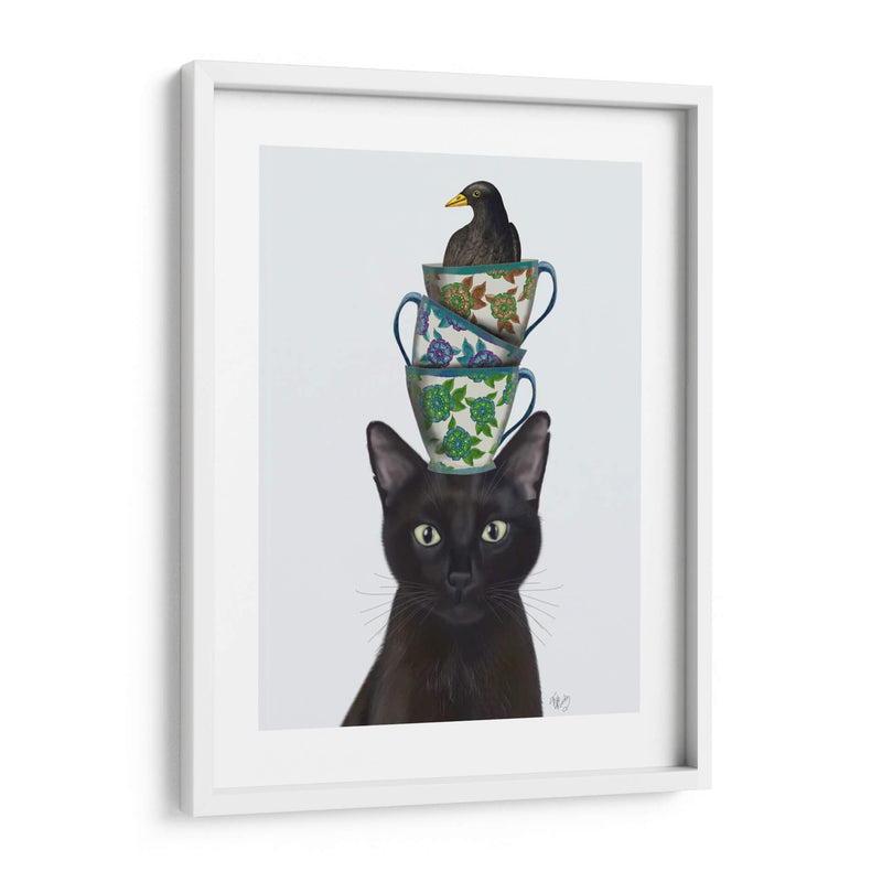 Gato Negro Con Tazas De Té Y Mirlo - Fab Funky | Cuadro decorativo de Canvas Lab