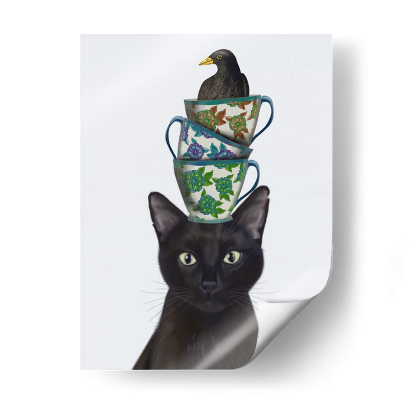 Gato Negro Con Tazas De Té Y Mirlo - Fab Funky | Cuadro decorativo de Canvas Lab