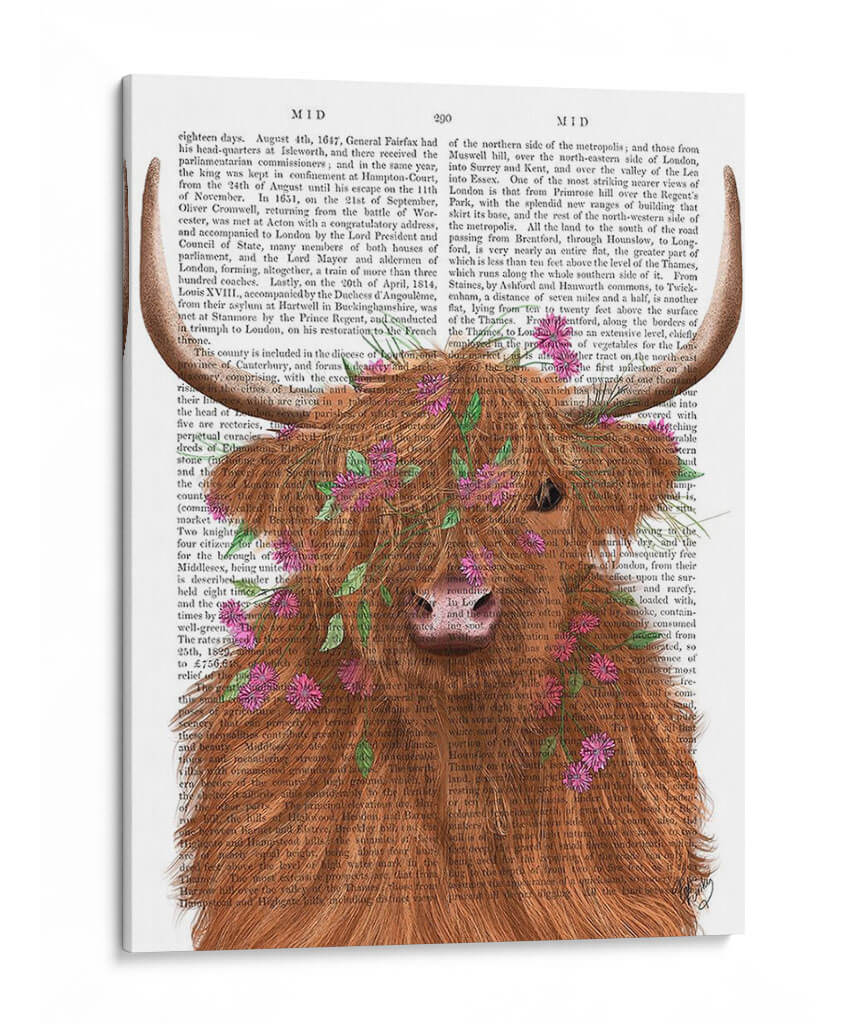 Vaca Highland 1, Flor De Flores Rosadas Impresión - Fab Funky | Cuadro decorativo de Canvas Lab