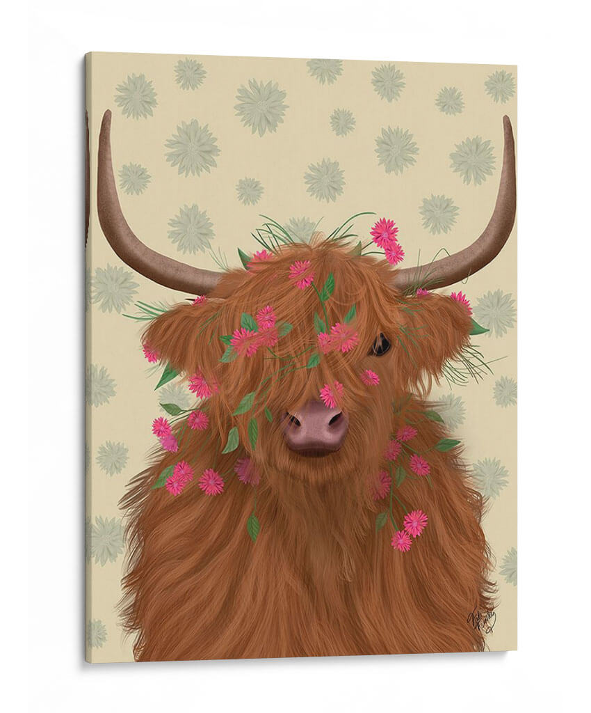Vaca Highland 1, Flores Rosadas - Fab Funky | Cuadro decorativo de Canvas Lab