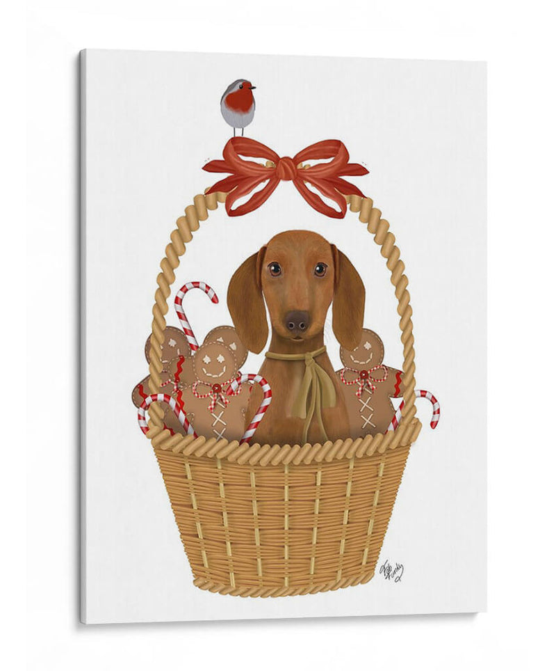 Navidad Des - Perro En Canasta Con Hombres De Pan De Jengibre - Fab Funky | Cuadro decorativo de Canvas Lab