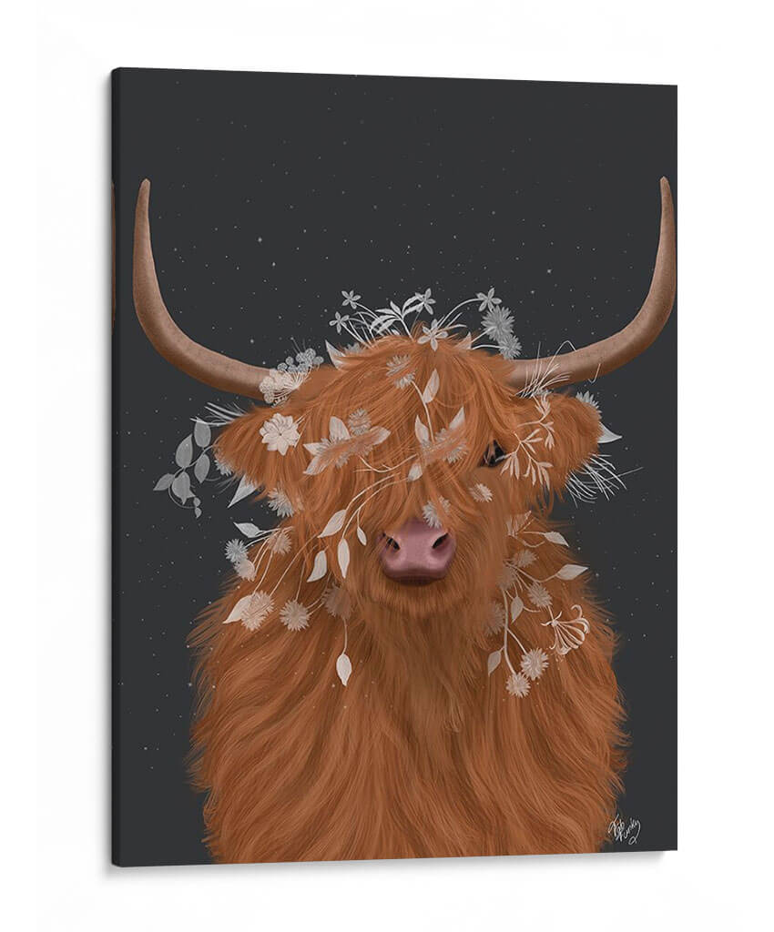 Vaca Highland 1, Flores Blancas - Fab Funky | Cuadro decorativo de Canvas Lab