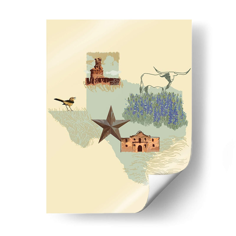 Estado-Texas Ilustrado - W. Rutledge | Cuadro decorativo de Canvas Lab