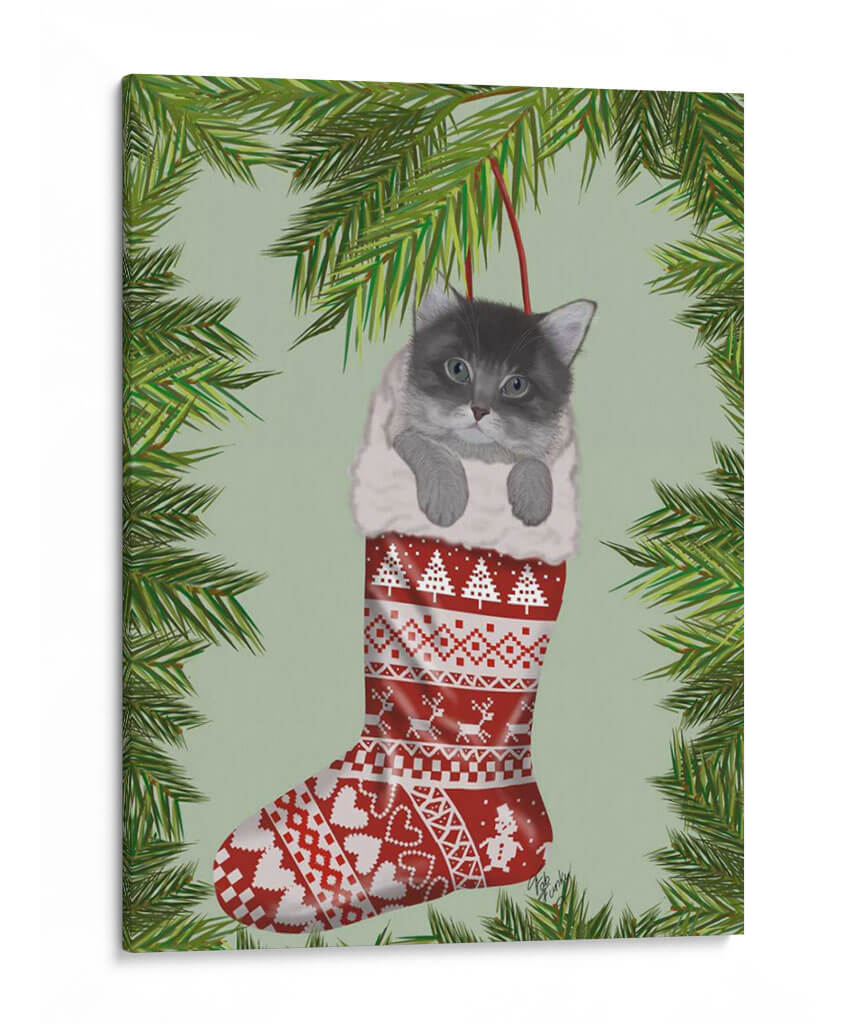 Gatito Gris En La Media De Navidad - Fab Funky | Cuadro decorativo de Canvas Lab