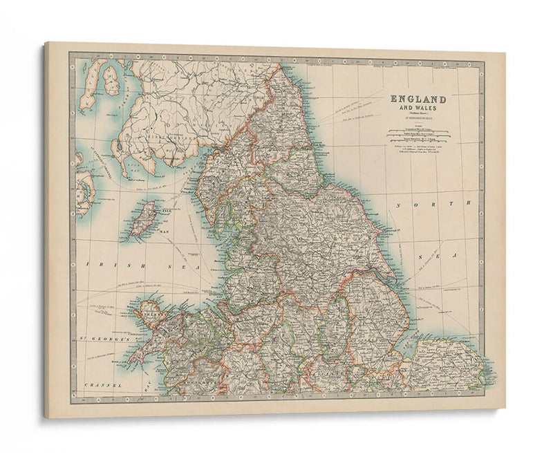 Mapa De Johnstons De Inglaterra Y Gales - Johnston | Cuadro decorativo de Canvas Lab