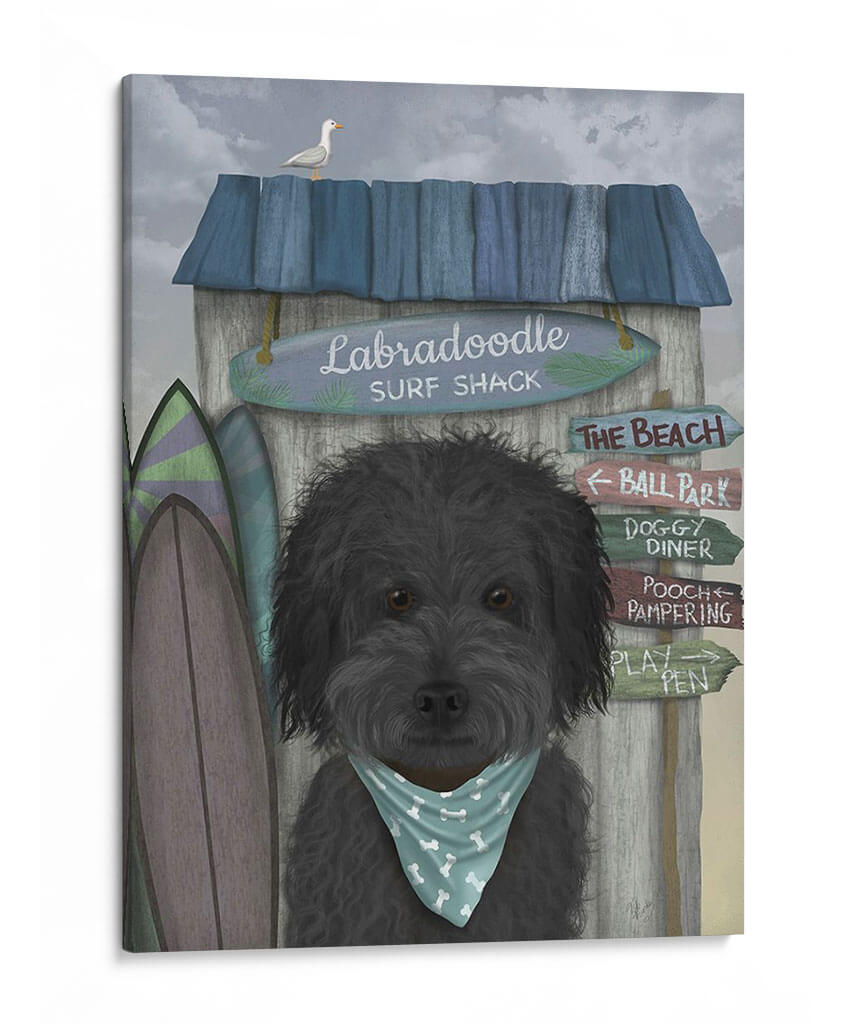 Labradoodle, Negro, Choza De Surf - Fab Funky | Cuadro decorativo de Canvas Lab