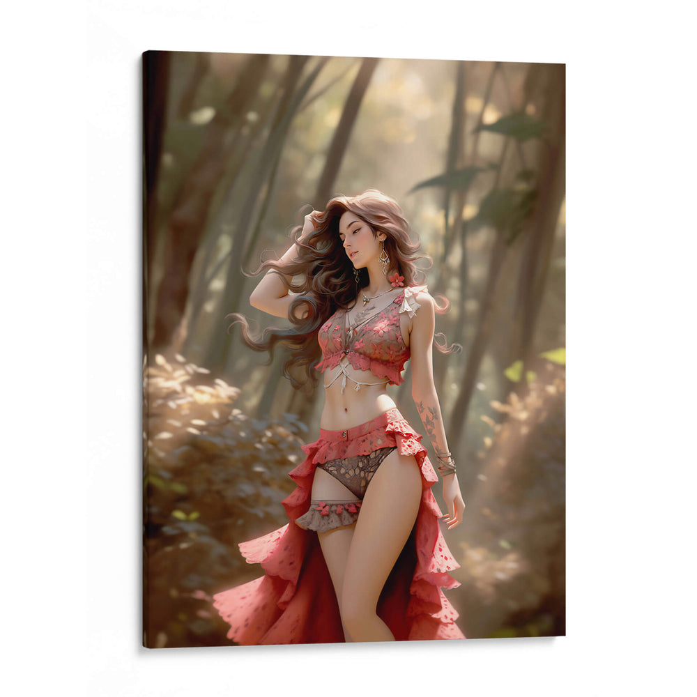 Belleza Castaña en Ropa Roja y Negra - DeLaVegaGaming | Cuadro decorativo de Canvas Lab