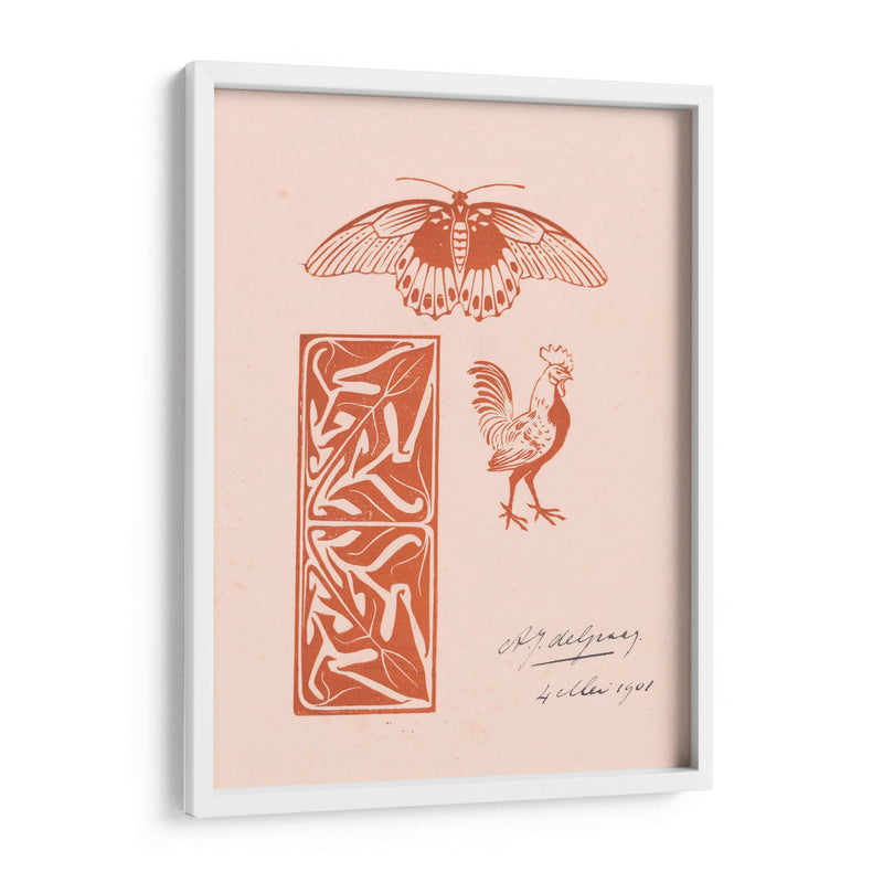 Adorno de mariposa, gallo y hojas - Julie de Graag | Cuadro decorativo de Canvas Lab