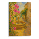 Susurros de romance en el callejón dorado – Pintura impresionista de una fuente de piedra con flores. - Nosion | Cuadro decorativo de Canvas Lab