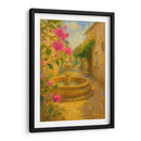 Susurros de romance en el callejón dorado – Pintura impresionista de una fuente de piedra con flores. - Nosion | Cuadro decorativo de Canvas Lab