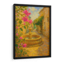 Susurros de romance en el callejón dorado – Pintura impresionista de una fuente de piedra con flores. - Nosion | Cuadro decorativo de Canvas Lab