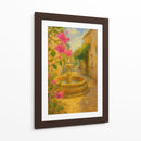Susurros de romance en el callejón dorado – Pintura impresionista de una fuente de piedra con flores. - Nosion | Cuadro decorativo de Canvas Lab