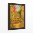 Susurros de romance en el callejón dorado – Pintura impresionista de una fuente de piedra con flores. - Nosion | Cuadro decorativo de Canvas Lab